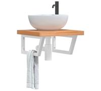 Runheo Étagère de lavabo murale en acier et bois de hêtre massif, meuble de salle de bain, meuble à suspendre peu encombrant avec étagère, console de lavabo avec espace de rangement et embout pour WC