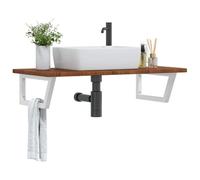 Runheo Étagère de Vasque Murale en Acier avec Bois de chêne Massif Marron foncé 100x50 cm Support trapèze Solide Rangement Salle Bain Simple à Fixer