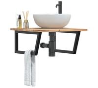 Runheo Étagère de Vasque Murale en Acier Noir et Bois Massif d'acacia 60x60 cm avec Support trapèze Stable, pour Salle de Bains, Rangement Vasque Suspendu Fonctionnel et Durable