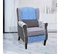 Runheo Fauteuil en tissu design patchwork - Structure en bois - Style maison de campagne - Bleu/blanc - 68 x 73 x 101 cm - Chaise confortable pour salon, chambre à coucher, bureau