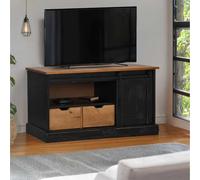 Runheo Halden - Meuble TV noir - 110 x 40 x 60 cm - En pin massif - Avec porte coulissante, 2 tiroirs - Pour salon, chambre à coucher, centre de divertissement polyvalent