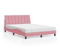 Runheo Hanko Lit capitonné avec matelas, 140 x 190 cm, en velours rose, design ondulé, meuble de chambre à coucher confortable, dureté H2/H3