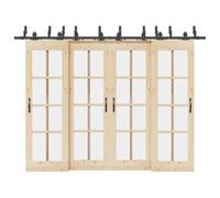 Runheo Kit de ferrures de porte coulissante 305 cm en acier noir, support de dérivation pour double porte de grange, avec butée de porte, roulettes, guide au sol, accessoires de montage pour un