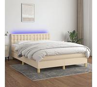 Runheo Lit à sommier tapissier avec matelas et LED, crème, 140 x 200 cm, housse en tissu, tête de lit réglable en hauteur, ressorts ensachés, pour chambre à coucher