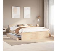 Runheo Lit en bois de pin massif, 200 x 200 cm, cadre de lit robuste, avec sommier à lattes, tête de lit pratique et tiroirs, bois non traité pour chambre à coucher