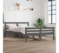 Runheo Lit en bois massif gris 150 x 200 cm, cadre de lit en pin avec lattes de contreplaqué, lit double stable pour chambre à coucher, meuble king size de 15 m