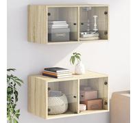 Runheo Lot de 2 armoires murales, avec portes en verre, chêne Sonoma, 68,5 x 37 x 35 cm, en matériau dérivé du bois, armoires suspendues, espace de rangement polyvalent pour cuisine, bureau