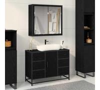Runheo Lot de 2 meubles de salle de bain - Aspect chêne noir - 80 x 33 x 60 cm - Montage mural - Pour salle de bain moderne - Grand espace de rangement