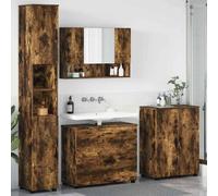 Runheo Lot de 4 meubles de salle de bain en chêne fumé avec tiroirs, miroir, montage mural, design moderne, espace de rangement, bois dérivé, métal, 35 x 30 x 192 cm, pour petites salles de bains