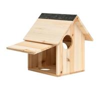 Runheo Maison d'écureuil en bois de sapin massif 26 x 25 x 29 cm avec toit et trois trous d'entrée de 7 cm, résistante aux intempéries, abri naturel pour jardin et forêt