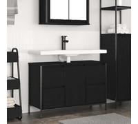 Runheo Meuble de lavabo noir aspect chêne avec 4 tiroirs et étagère - 90 x 60 x 34,5 cm - En bois - Meuble de salle de bain flexible - Peu encombrant