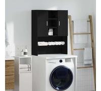 Runheo Meuble de Rangement pour Machine à Laver en Bois d'ingénierie chêne Noir 70,5x25,5x90 cm avec 2 Portes, 4 Compartiments, Support antivibration et Fixation Murale pour buanderie