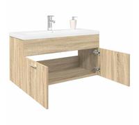 Runheo Meuble de salle de bain en chêne Sonoma avec bac encastrable, 90 x 38,5 x 46 cm, lavabo en céramique, montage mural, solution de salle de bain peu encombrante
