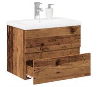 Runheo Meuble sous lavabo avec lavabo encastrable aspect bois vieilli 60 x 38,5 x 45 cm suspendu avec tiroir et trop-plein pour salle de bain invités WC peu encombrant