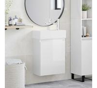 Runheo Meuble sous lavabo de salle de bain blanc brillant avec lavabo et robinet en céramique, meuble mural avec espace de rangement, porte réversible, peu encombrant, pour salle de bain et WC