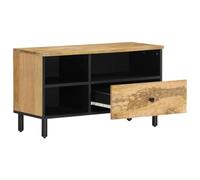 Runheo Meuble TV 80x33x46 cm Bois Massif de manguier Naturel avec Pieds en Fer, Meuble Console pour Salon Chambre, Centre de Divertissement Style Farmhouse, Table de Rangement