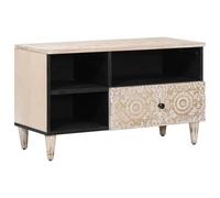 Runheo Meuble TV avec étagère blanche en bois massif de mangue, 80 x 33,5 x 46 cm, avec espace de rangement, tiroir pour salon, home cinéma et jeu, meuble TV, organiseur, étagère