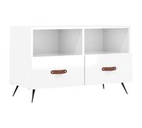 Runheo Meuble TV Blanc Brillant en Bois d'ingénierie 80x36x50 cm avec Pieds en Fer, Rangement spacieux pour Salon ou Chambre, Meuble Console de Divertissement avec Fixation Murale