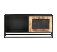 Runheo Meuble TV en Bois de manguier Brut 90x30x40 cm avec Cadre en Fer Noir, Console de Salon Style Industriel, unité multimédia avec Porte sculptée pour Chambre et Espace de Vie