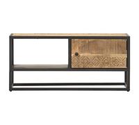 Runheo Meuble TV en Bois de manguier Brut 90x30x40 cm avec Porte sculptée, Console Rustique pour Salon Chambre Meuble de Divertissement Style Farmhouse