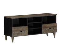 Runheo Meuble TV en Bois Massif de manguier Noir 100x33x46 cm avec 2 tiroirs et 5 Compartiments pour Salon Chambre Console Table d'appoint Style Farmhouse