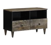 Runheo Meuble TV gris clair en bois de manguier massif 70 x 33,5 x 46 cm avec espace de rangement et surface de rangement, meuble bas moderne avec tiroir et porte pour salon, home cinéma, jeux et