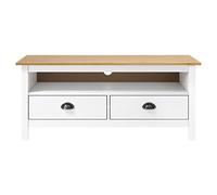 Runheo Meuble TV Hill Range Blanc en Bois de Pin Massif 110x40x47 cm avec 2 tiroirs et 1 Compartiment pour Salon Chambre Style Farmhouse Stable et spacieux