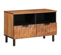 Runheo Meuble TV marron acacia surface en bois de manguier massif 70 x 33 x 46 cm avec 2 tiroirs, 2 étagères, pieds en fer stables pour salon, home cinéma et espace de rangement