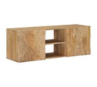 Runheo Meuble TV mural avec étagère, meuble bas en bois de manguier massif 100 x 30 x 35 cm, espace de rangement avec porte, gestion des câbles pour salon, home cinéma, configuration de jeu