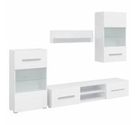 Runheo Meuble TV Mural Blanc avec éclairage LED 5 pièces en Bois d'ingénierie, Ensemble Meuble Salon avec étagère, Armoire Debout, Console, idéal pour Chambre et Espace de Divertissement