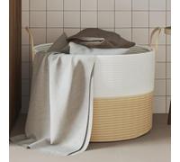 Runheo Panier de rangement beige et blanc en coton et polyester Ø 51 x 33 cm avec design pliable et poignées Panier tressé pour l'ordre dans le salon, la chambre à coucher, la chambre d'enfant, la
