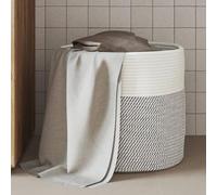 Runheo Panier de rangement gris et blanc en coton et polyester Ø 40 x 35 cm Design pliable avec poignées Panier tressé polyvalent pour vêtements, jouets et rangement dans le salon et la chambre