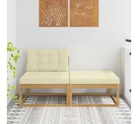 Runheo Pouf d'extérieur Blanc en Polyester, Bois d'acacia Massif, 2 pièces, avec Coussins crème, Design à Lattes, modulable pour Jardin, terrasse, Balcon, Salon extérieur de détente