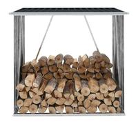 Runheo Range-bûches en acier galvanisé anthracite - 163 x 83 x 154 cm - Avec bâche en métal et support pour bois de cheminée - Pour extérieur, jardin et terrasse