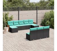 Runheo Salon de Jardin 10 pcs, Résine Tressée Noire, Coussins Bleus, Modulable, Résistant aux UV, pour Patio et Extérieur