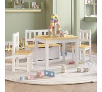 Runheo Salon de jardin 4 pièces en MDF blanc beige avec table, chaises et banc, pour chambre d'enfant, chambre de bébé, avec espace de rangement et bords arrondis pour la sécurité et l'ordre