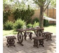 Runheo Salon de jardin 5 pièces en bois de sapin massif, ensemble de meubles de patio extérieur, aspect roue de chariot rustique, meubles de terrasse pour jardin et balcon, bois de pin robuste, marron
