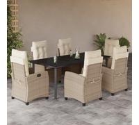 Runheo Salon de jardin 7 pièces avec coussins beige en polyrotin et fauteuils réglables, table en verre 200 x 100 cm, résistant aux UV, facile d'entretien, pour jardin, terrasse, balcon, mobilier