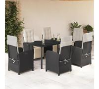Runheo Salon de jardin 7 pièces noir en rotin synthétique résistant aux UV, chaises réglables avec coussins blanc crème, table pour terrasse et balcon 160 x 80 cm