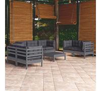 Runheo Salon de jardin 8 pièces en pin massif gris avec coussins anthracite, meubles de terrasse d'extérieur pour la détente et la conversation, durable et modulaire