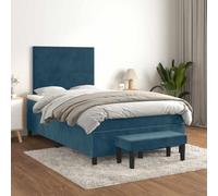 Runheo Sommier à Lattes de lit et Matelas Bleu foncé 120x190cm Velours 100% Polyester avec tête de lit réglable, Banc Multifonctionnel et surmatelas Mousse pour Chambre Confortable