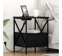 Runheo Table de chevet aspect chêne noir 41,5 x 40,5 x 55 cm avec station de charge intégrée, table d'appoint rustique pour chambre à coucher, bois dérivé du bois, 1 tiroir, table de fin