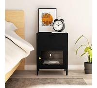 Runheo Table de Chevet Noir en Acier et Verre trempé 40x30x54,5 cm avec tiroir à roulement à Billes, Rangement Pratique pour Chambre, Salon, Bureau Design Industriel Moderne