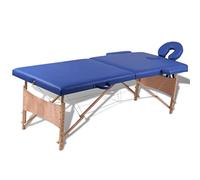 Runheo Table de massage pliable 2 zones avec structure en bois, bleu, rembourrage en cuir synthétique, 186 x 68 cm, hauteur réglable de 62 à 82 cm, sac de transport pour pratique et salon
