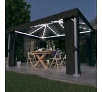 Runheo Tonnelle avec Rideau et Guirlande Lumineuse LED 4x3m Anthracite pour Jardin terrasse Balcon Cour extérieur Protection Solaire Pluie Ventilation Ajustable