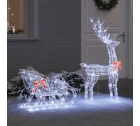 Runheo Traîneau décoratif tiré par Un Renne Blanc Froid 70 x 26 x 130 cm avec LED USB, idéal pour décoration de Noël intérieur et extérieur Festif, Lumineux et résistant aux intempéries