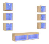 Runheo Unités murales TV en Bois d'ingénierie chêne Sonoma 8 pcs avec LED RVB, Meuble TV Flottant avec Rangement, Montage Mural, Design Contemporain pour Salon, Chambre, Espace multimédia
