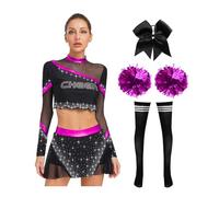 Runhomal Adulte 4 Pcs Set Costume D'Entraînement Et De Spectacle Costumes De Pom Pom Girls Club Spectacle Mascarade Motif Lettres Rose Vif XL