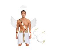 Runhomal Adulte Tenue À Une Épaule avec Coiffure Aux Ailes Et Ensemble De Flèches Costume Cupidon Ange Déguisement Ange Homme Halloween Blanc XXL