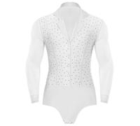 Runhomal Body Danse Latine Homme Adulte Strass Justaucorps Danse Tango Chacha Manche Longue Dancewear M-3XL Blanc L